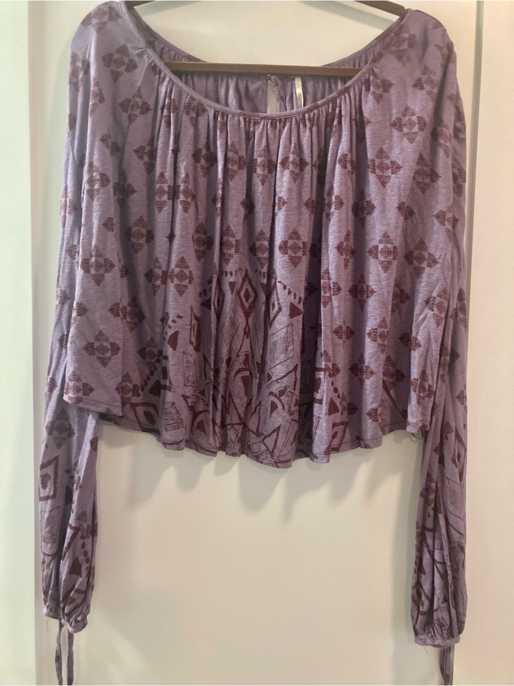 Free People soft fabric light purple boho top w/ maroon color geometric accents